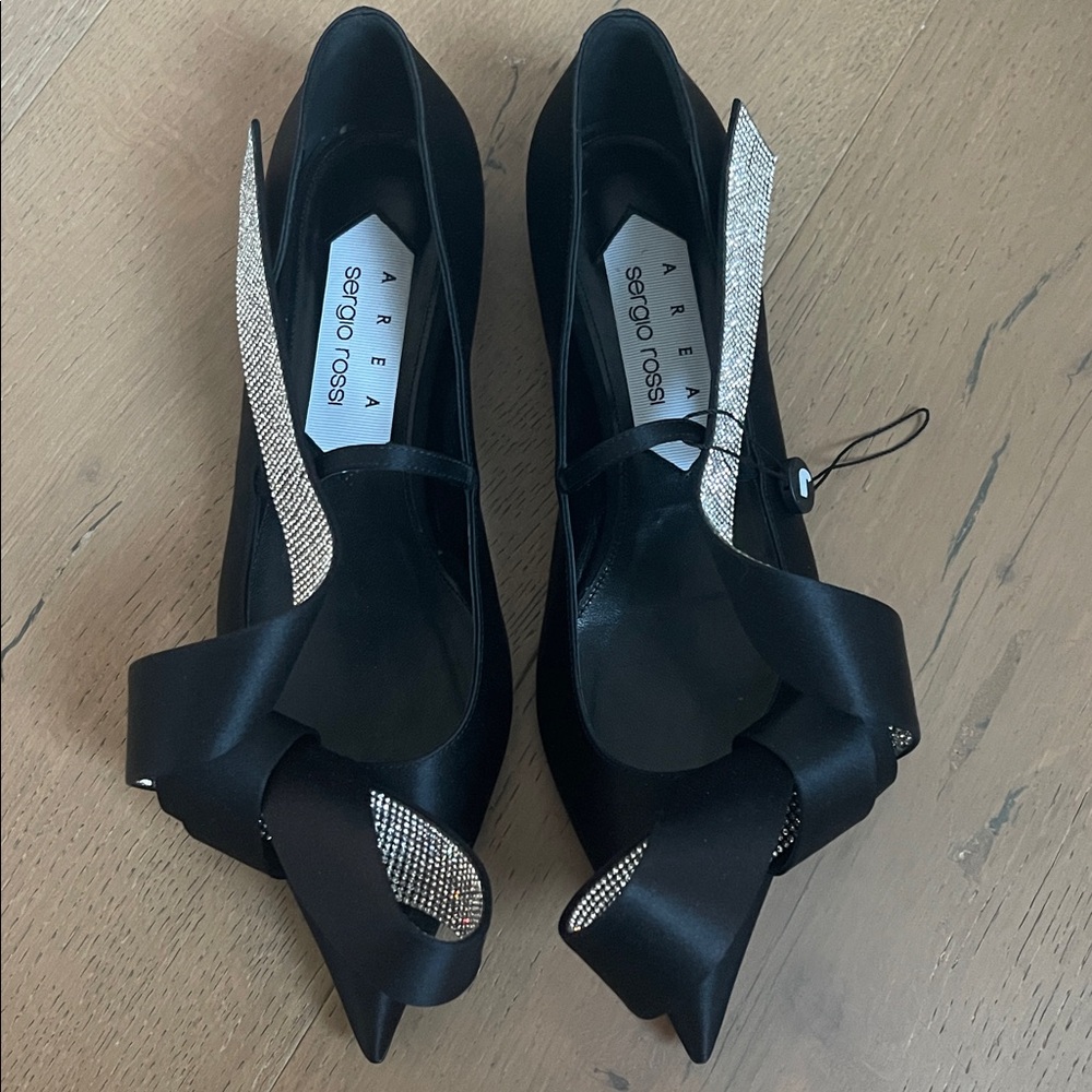 Sergio Rossi x AREA Black Satin Heels with Bow Accent